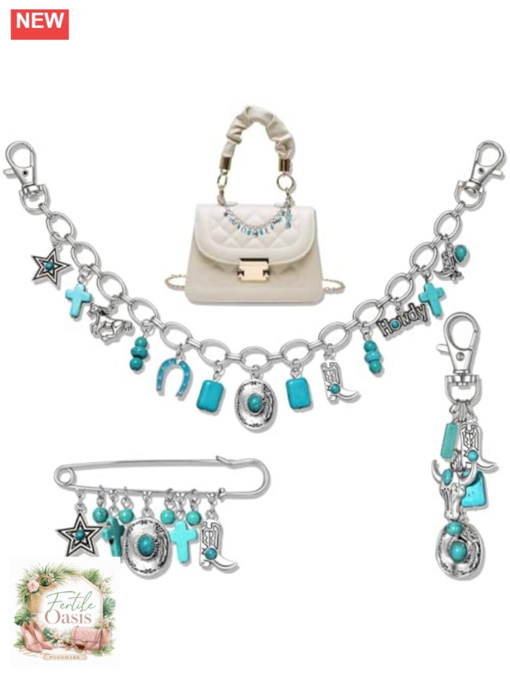 Western Bag Chain Charm Set - Purse Strap Extender with Keychain & Brooch